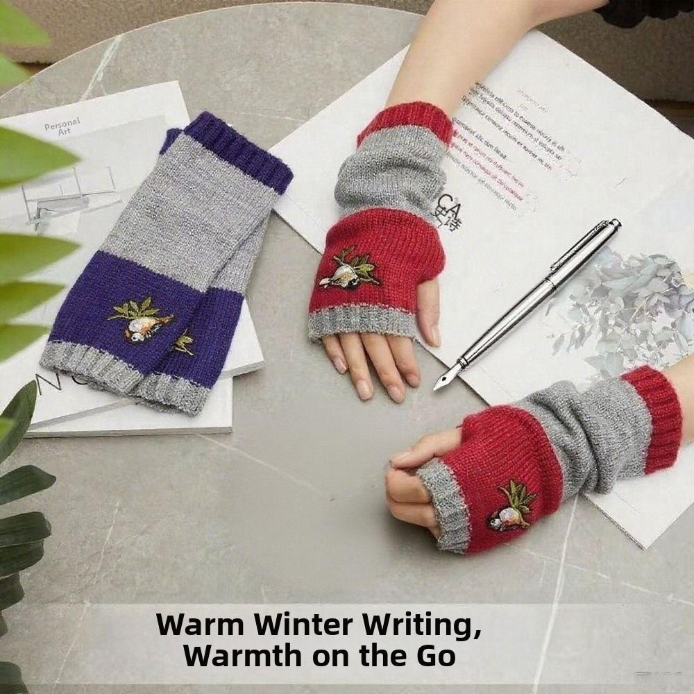 Warm Half Finger Gloves Embroidered Bird Fingerless Gloves Fashion Knit Mittens  for Men Women