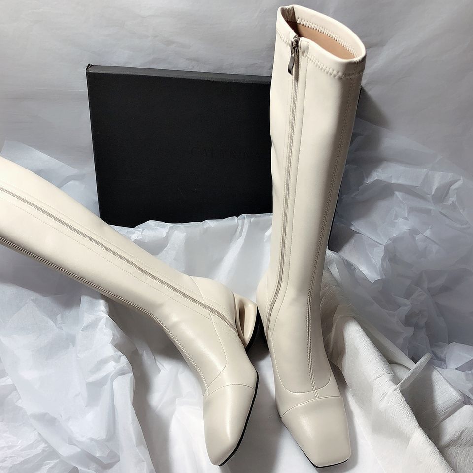 Square Head Hollow Thick Heel Elegant Versatile Side Zipper High Heel Niche Foreign Temperament But Knee Women's Boots