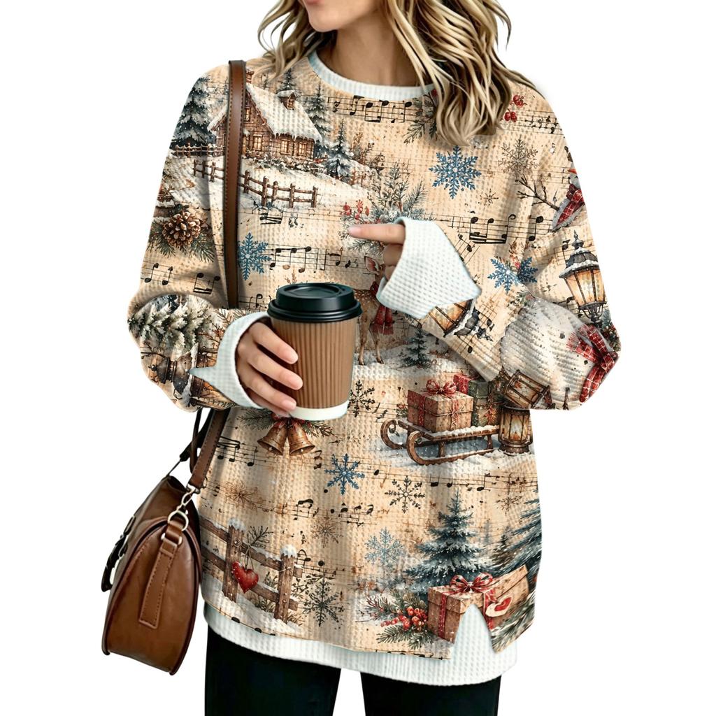 Women's Flannel Round Neck Two-Piece Paneled Christmas Print Top for Holiday