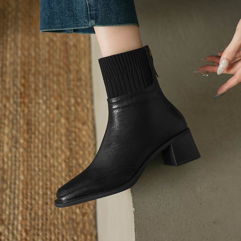 Krazing Pot Sheepskin Autumn Winter Shoes Thick Heels Size 42 Square Toe Zipper Knitwear Vintage Ankle Boots
