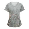 Women's Retro Floral  Printed Short Sleeve V-neck Tops Working Pocket Blouse