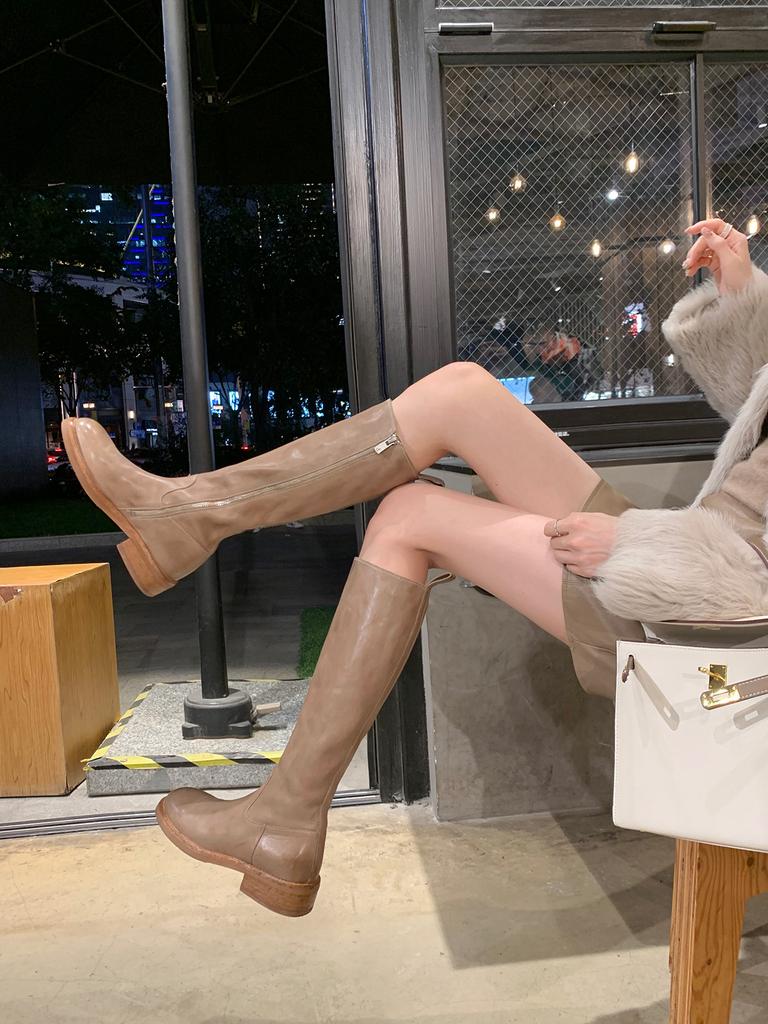 Bottes hautes de cheval en cuir de vachette lavé raisin pour maman, à bout rond, à talon épais, à semelle épaisse, rehaussantes