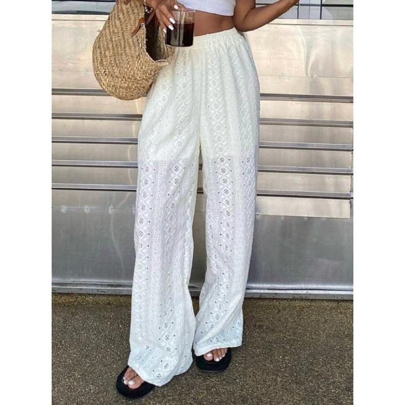 Women S Summer Solid Lace Embroidered Straight Leg Casual Pants S белый