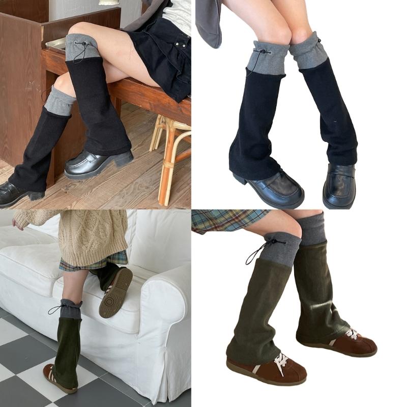 Winter Autumn Knitted Drawstring Leg Warmer Gothic Colorblock Foot Covers Flared Hem Loose Knee High Socks for Women