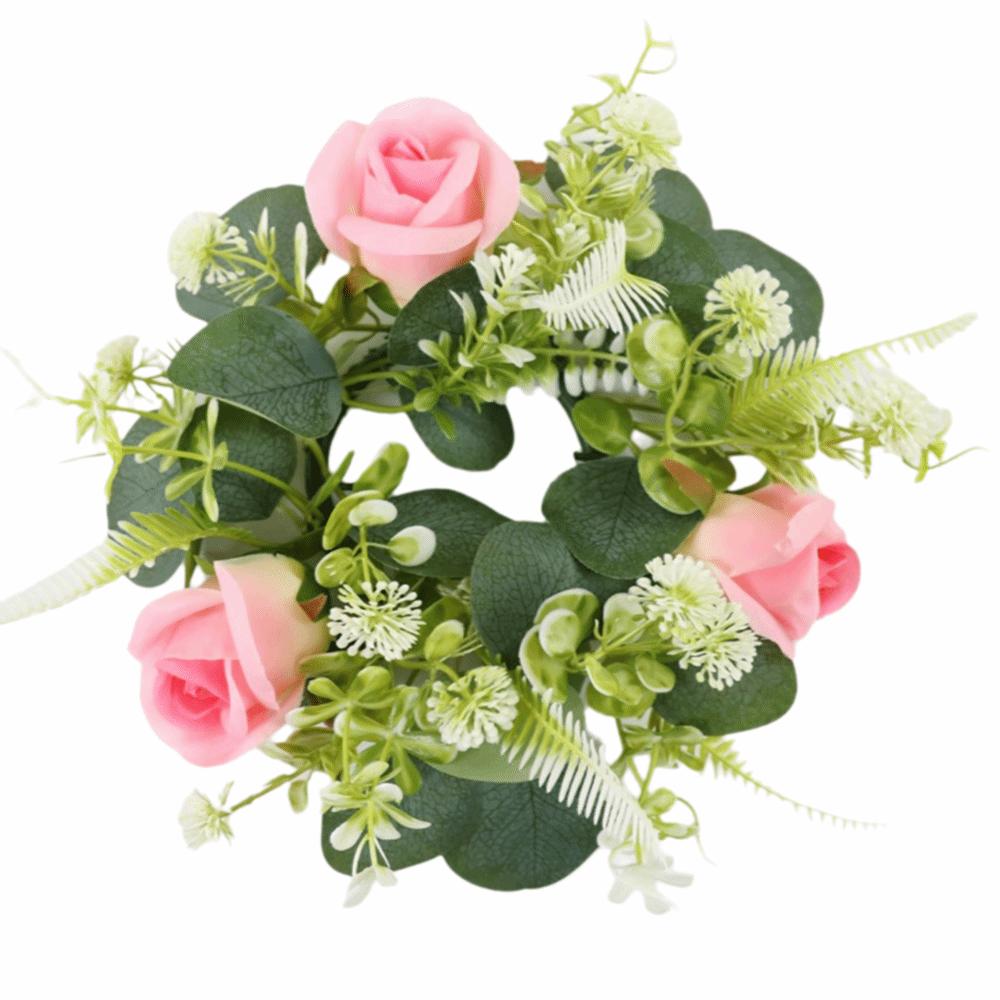 Rose Flower Artificial Eucalyptus Wreath Faux Greenery Desktop Candle Ornament Porch Wall