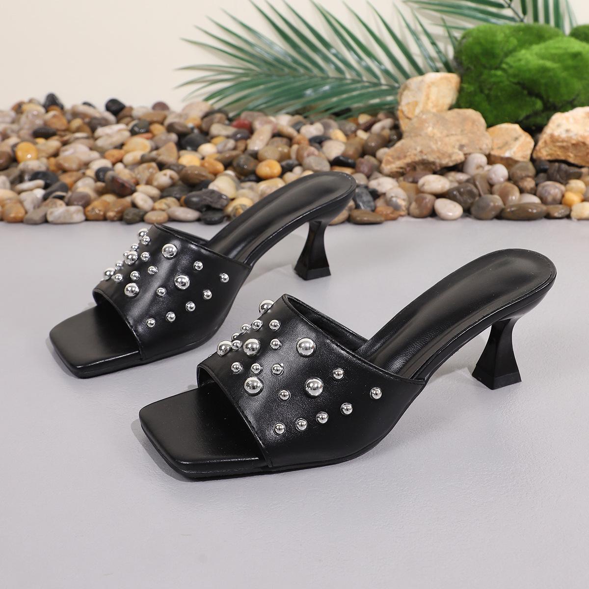 

Foreign trade slippers open-toed women s shoes wear high heels square head sandals large size half slippers women European and American high-heel 35