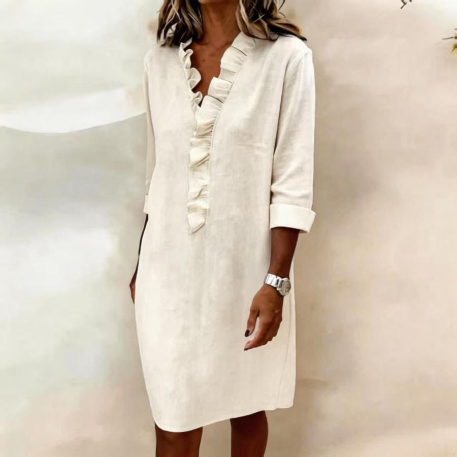 Spring New Fashion Slimming Women's Wood Ear Trim Long Sleeve Cotton Linen Shirt Dress