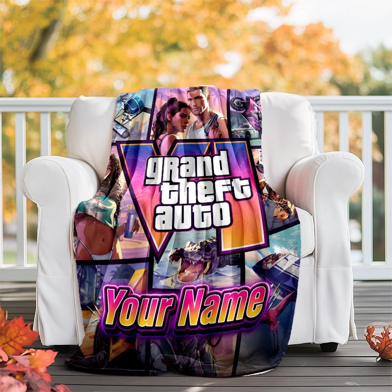 1pc Personalized Name GTA Theme Blanket - Digital Print, Polyester, Cozy for All Seasons, Perfect for Outdoor, and Travel