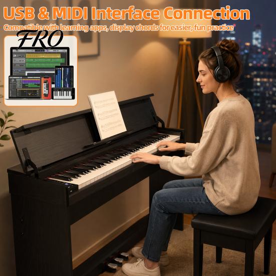 Piano Eléctrico con Soporte 88 Teclas Digitales Triple Pedal Compatible con Bluetooth y USB MIDI, Teclas Sensibles al Tacto, Jack Inteligente para Auriculares, Pantalla LED,