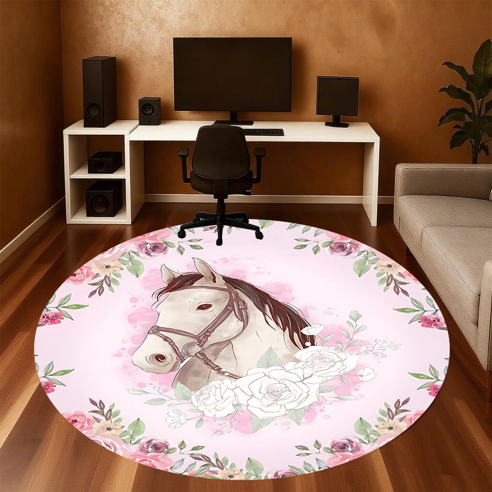 1pc Horse Floral Round Chair mat Area Rug - Non-Slip, Floor Mat for Office, Bedroom, and Indoor Decor c1125096