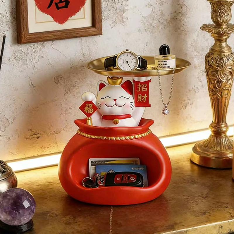 Creative Lucky Cat Storage Tray Decoration Cute Kitten Storage Box Home Office Desktop Decoration Ornament Gift for Friends
