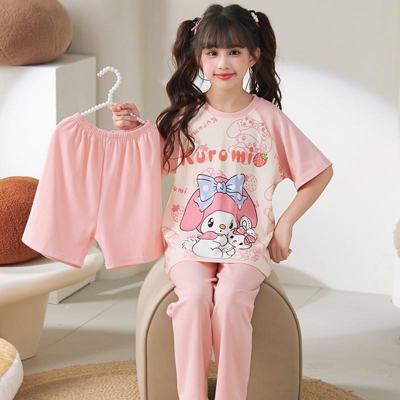 Girls Cotton Pajama Set Lightweight Short Sleeve Long Pants 3-Piece Sleepwear Kids Ages 8