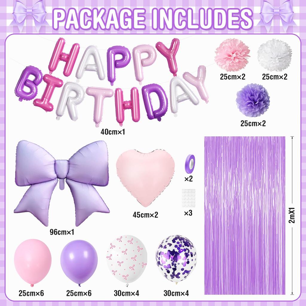 Tonpop Birthday Decoration Balloon Set Purple Balloons Garland Ribbon Heart Tassel Curtain Paper Flowers Party Decor for Girls