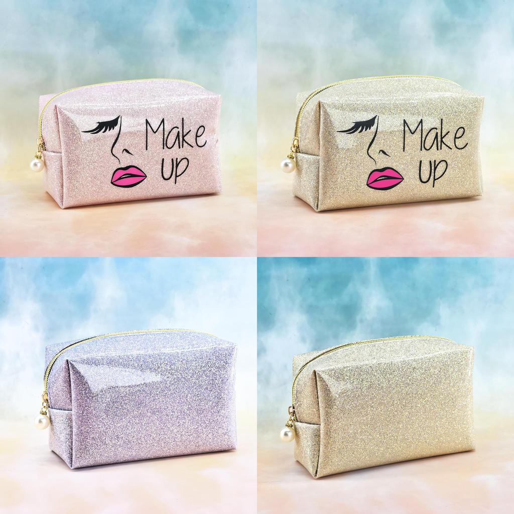 Pvc Glitter Makeup Bag With Character Print For Girls Travel And Storage
