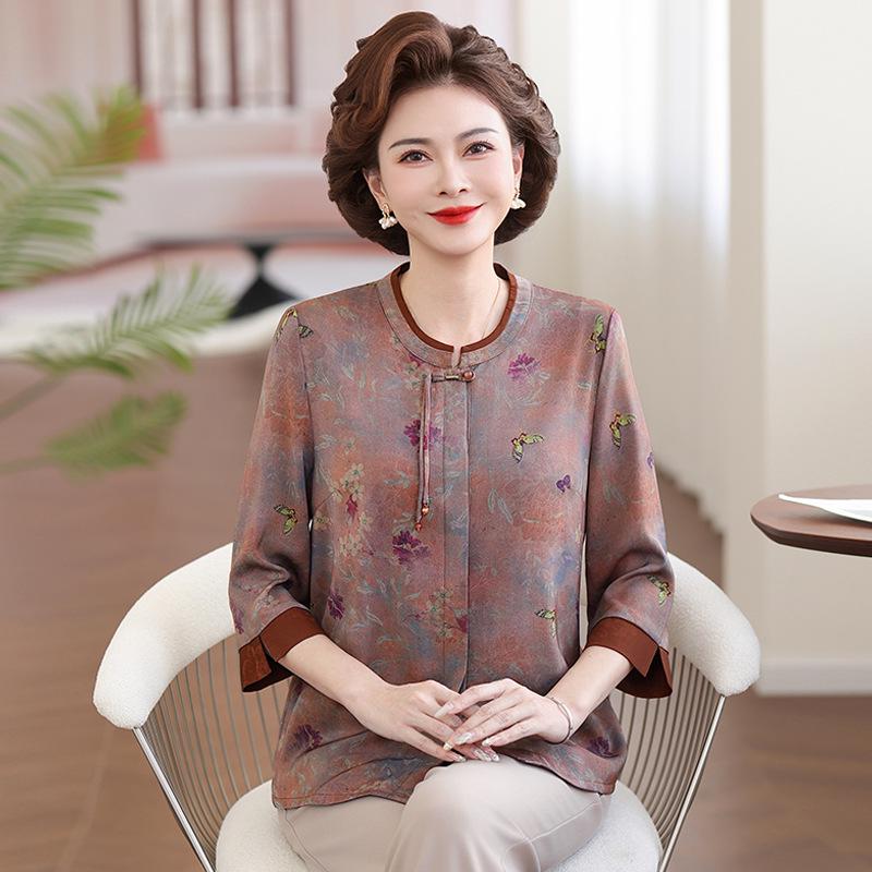 

Chinese Style Summer Loose Three-Quarter Sleeve Shirt for Middle-Aged and Elderly Women 2XL (95-115 lbs)