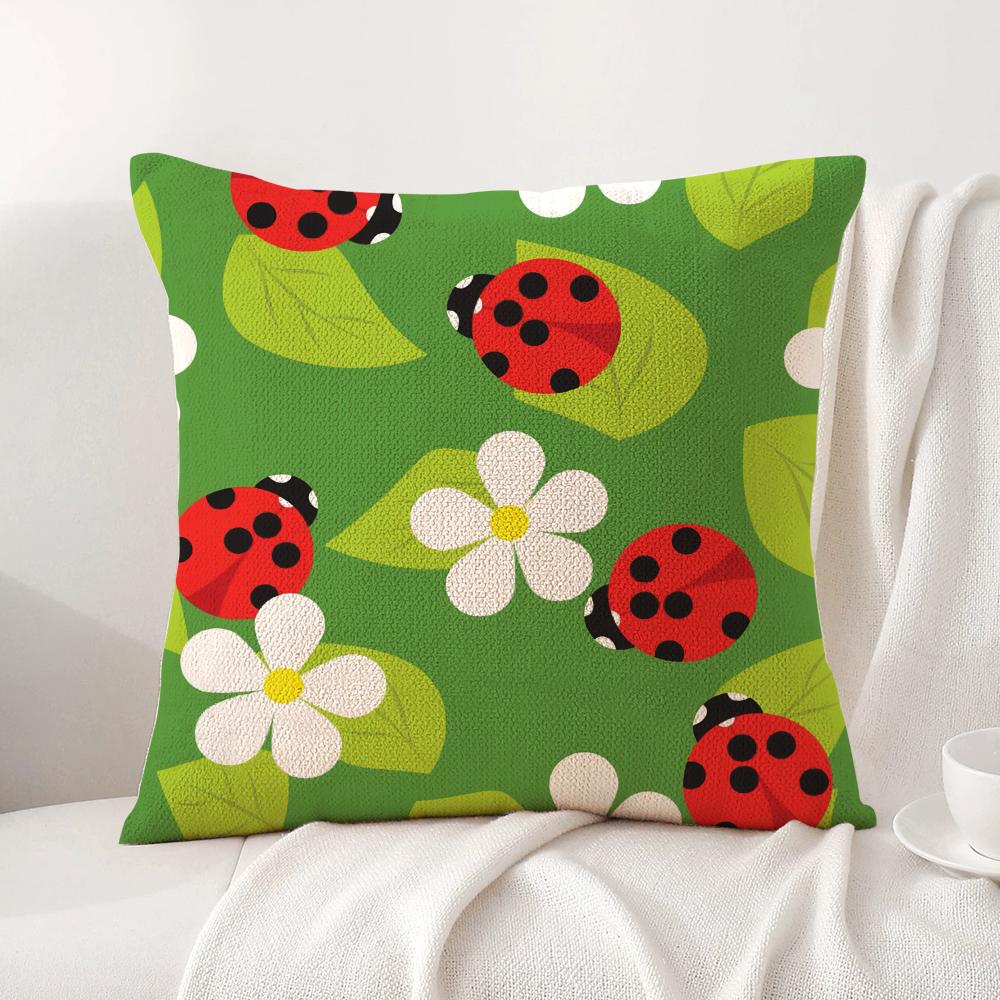 Cute Cartoon Ladybug Cushion Cover Natural Linen Organic Fabric DoubleSided Printing Sofa Home Decor Gift Pillow Cover