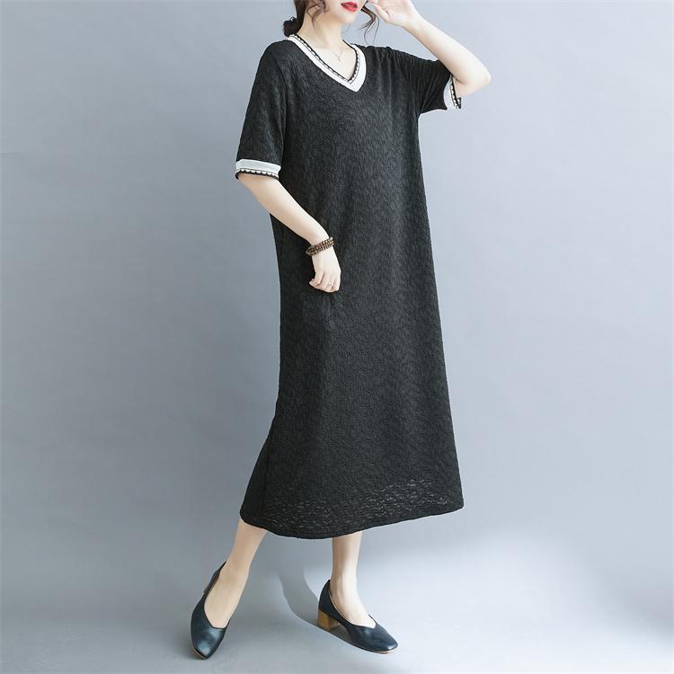 

Dimanaf 2025 Лето Женское Платье Больших Размеров Винтаж Базовый Короткий Рукав Повседневный Свободный Длинный Платье Новое 2XL чёрный