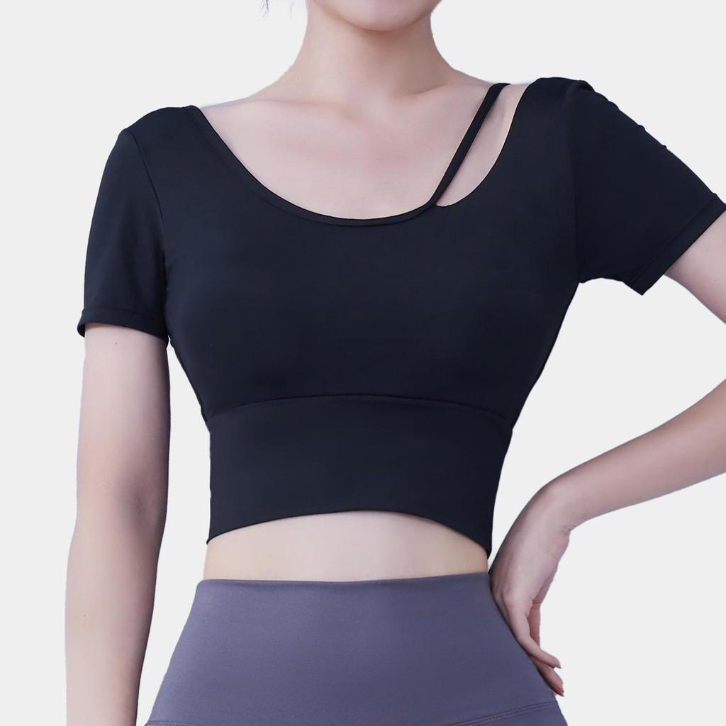 Summer Women's Quick-Dry Yoga Crop Top with Chest Pads - Short Sleeve Fitness Shirt