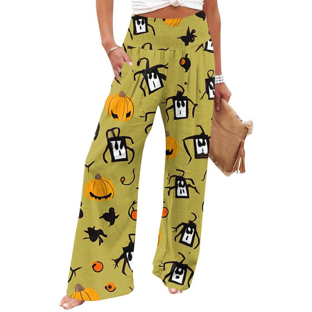 Dámské ležérní kalhoty s rovnými nohavicemi s potiskem a vysokým pasem s kapsami