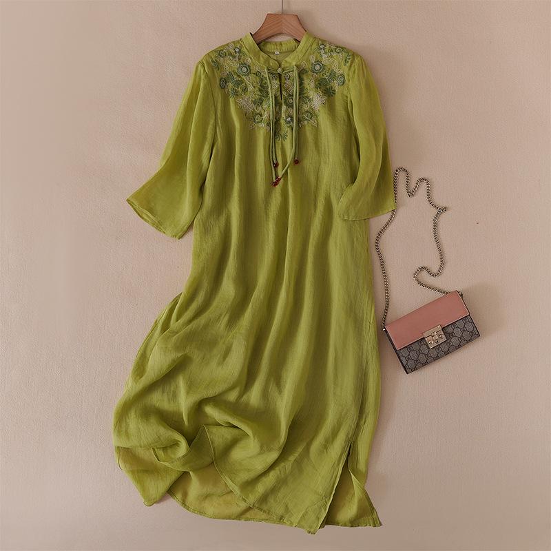 

2026 Summer Chinese Style Mid-Length Ramie Printed Dress - Loose Fit Casual Skirt XXL жовтий
