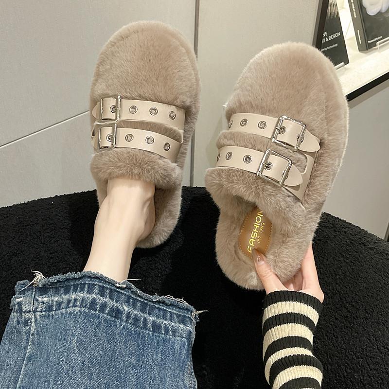 Fashion 2025 Women Furry Belt Buckle Slippers Winter Fashion Thick Sole Flats Ladies Casual Slip On Bedroom Slides Soft Half Slippers