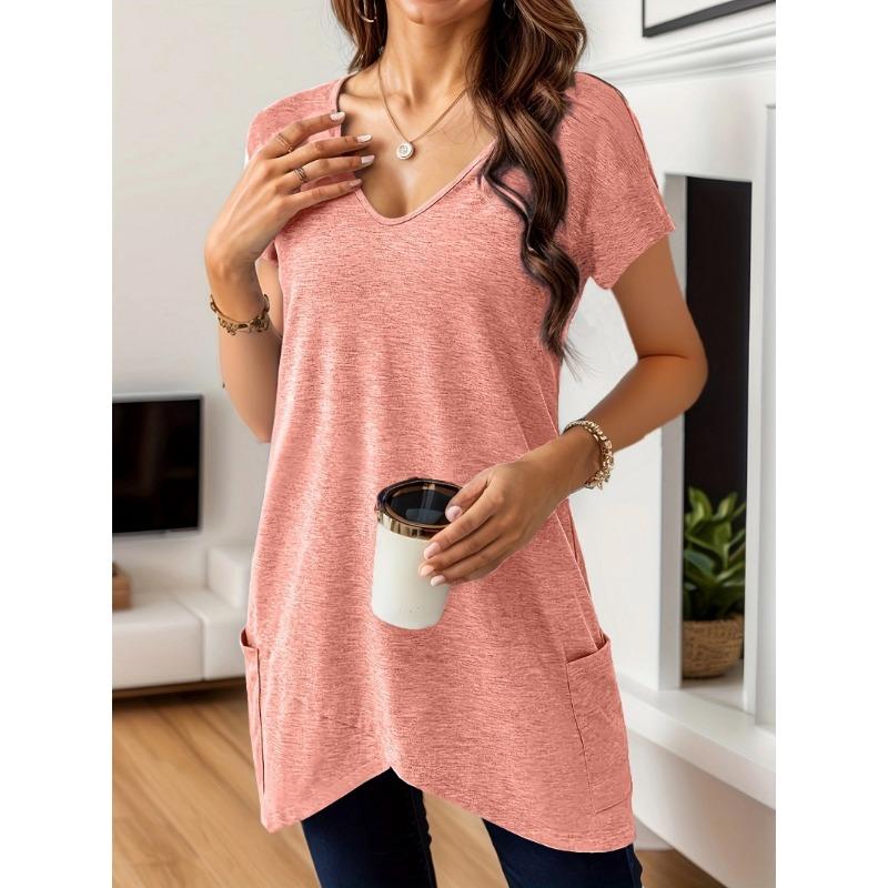 Frühling und Sommer Neues Damen Einfarbig V-Ausschnitt Tasche Lässig Vielseitig und Modisch T-Shirt Top
