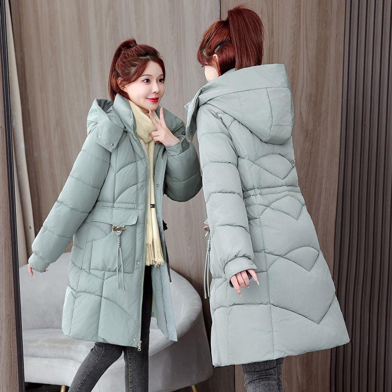 Damen Winter Schlank geschnittener Mittellanger Daunenmantel Dicke Warme Baumwoll-Pufferjacke mit Taillenraffung