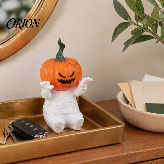 Halloween Themed Collectibles Pumpkin Head Mummy Statue, Funny Decorations, Cute Sitting Unique Party Supplies Resin Figurine for Desktop Shelf Sitter