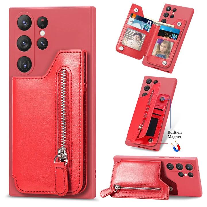 

Розкішний чохол-гаманець на блискавці Захисна задня кришка для камери 360 для Samsung Galaxy S24 S23 S22 S21 S20 Ultra Plus S8 S9 S10 Чохол For GalaxyNote10Plus червоний