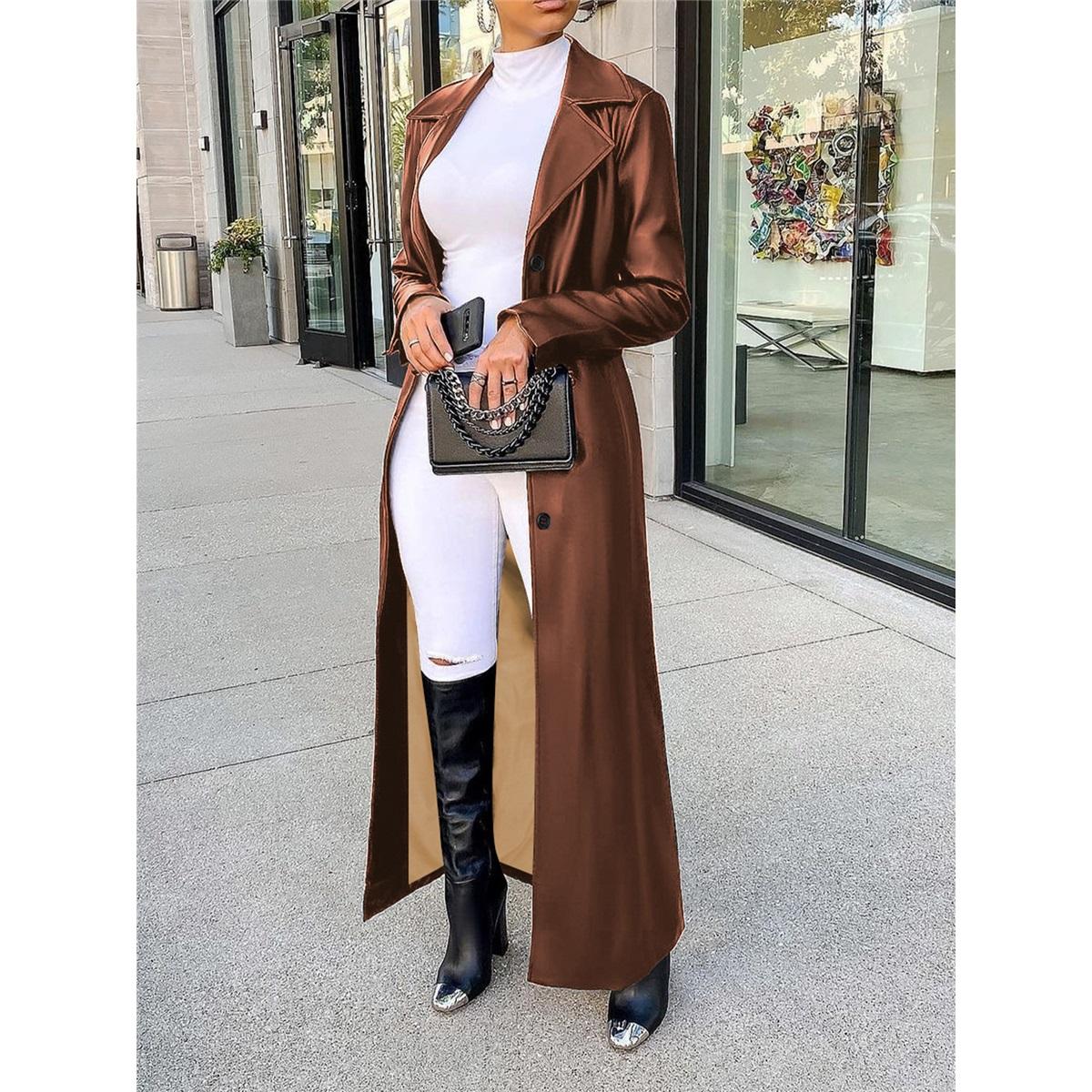 Women Faux Leather Long Trench Coat