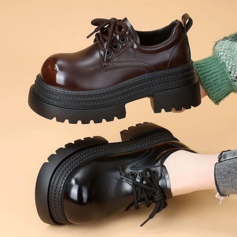 Women's Thick Sole Heeled Laced  Korean Style Loafers 2025 Spring Autumn New Design British Fashion Lace Up Shoes