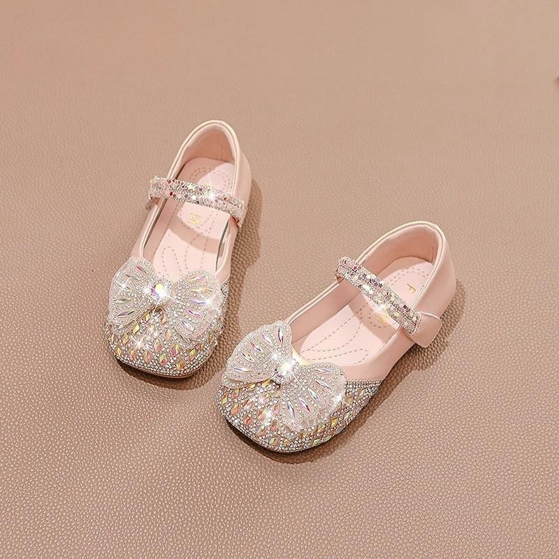 Girls' Shiny Princess Shoes with Bow Rhinestones Small Leather Shoes Fashionable Soft-soled Crystal Shoes