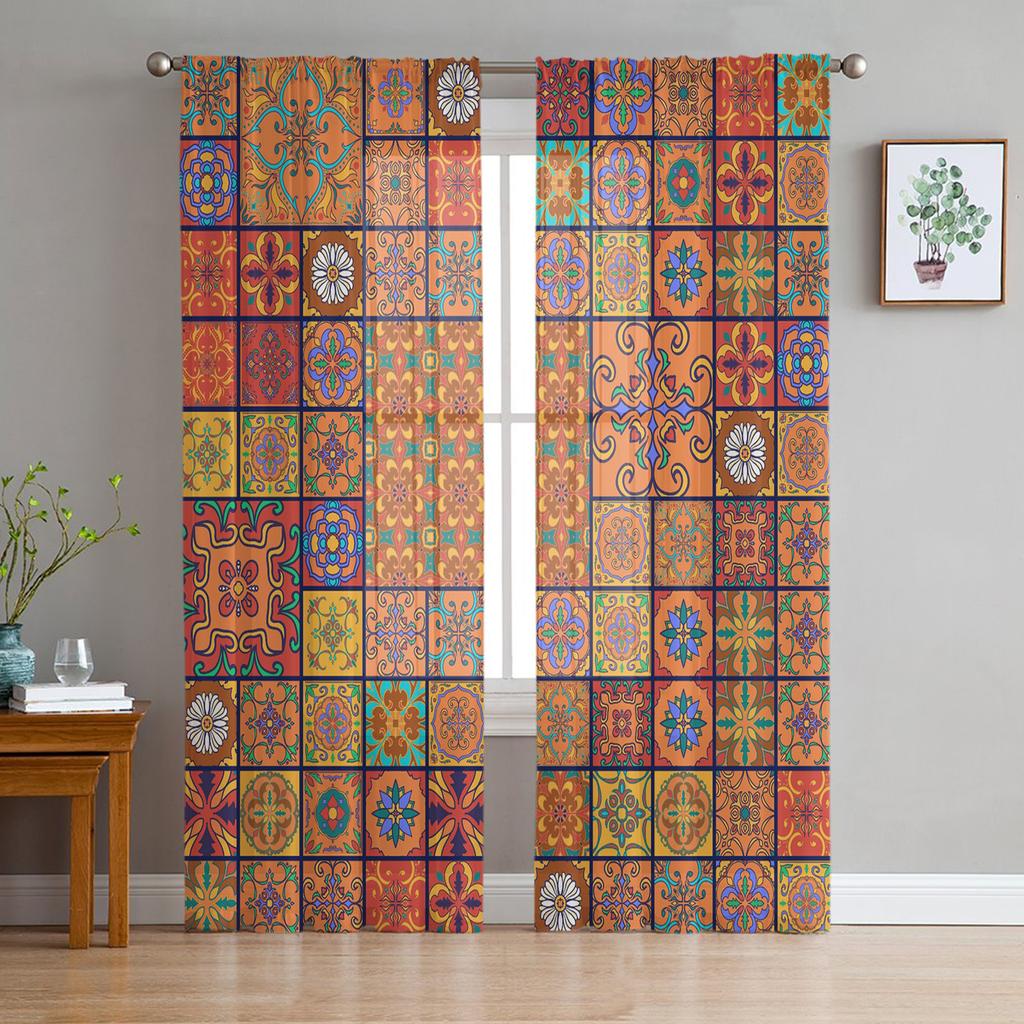 Mandala Bohemian Tiles Floral Soft Tulle Transparent Curtains for Living Room Decoration Window Panel Curtain for Bed Chamber Sheer Fabric Silk-like