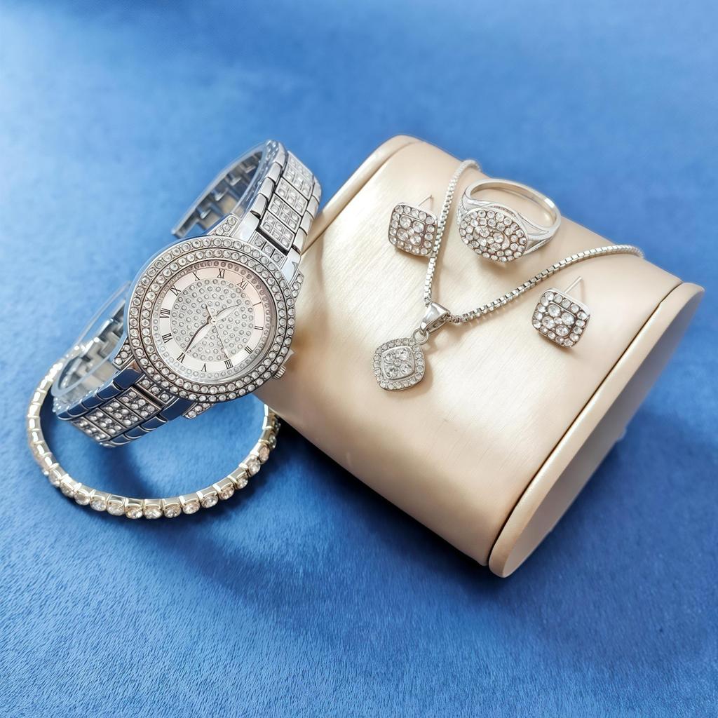 Set de 5 ceasuri de damă cu quartz și brățară cu strasuri - La modă și versatil