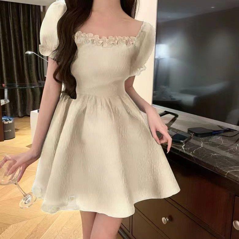 2026 Summer Trendy French Sweet & Spicy A-line Dress with Puff Sleeves & Bow