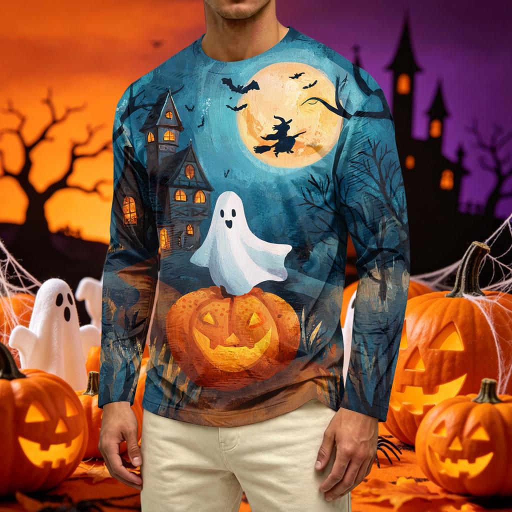 Men's Long Sleeve Casual T-Shirt Crew Neck Printed Halloween Pumpkin Pattern Top Comfortable Fit Lightweight Fabric