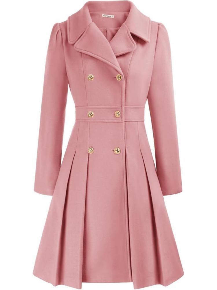 Pink Double Breasted Belted Trench Coat with Notch Lapel and Gold Buttons