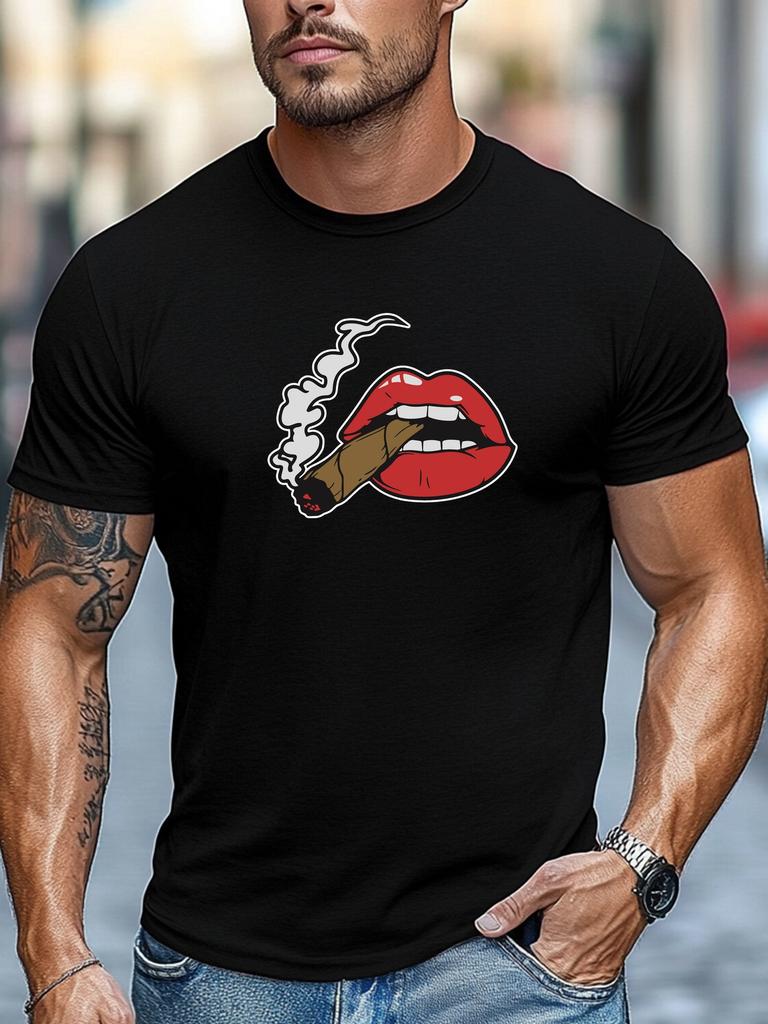 Mens Summer Fun TShirt Red Lips Cigar Print Short Sleeve Round Neck Breathable Soft Oversized Lively Daily Wear