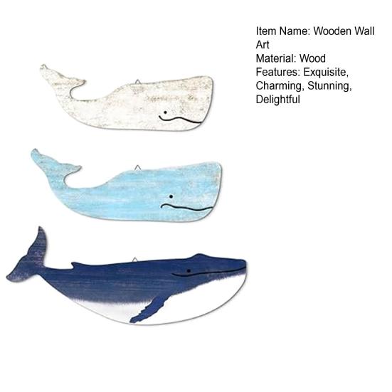 3 Pcs Wood Nautical Wall Decor Rustic Coastal Theme Whale Shark Wall Art Vintage Sea Animal Hanging Ornament for Living Room Bedroom
