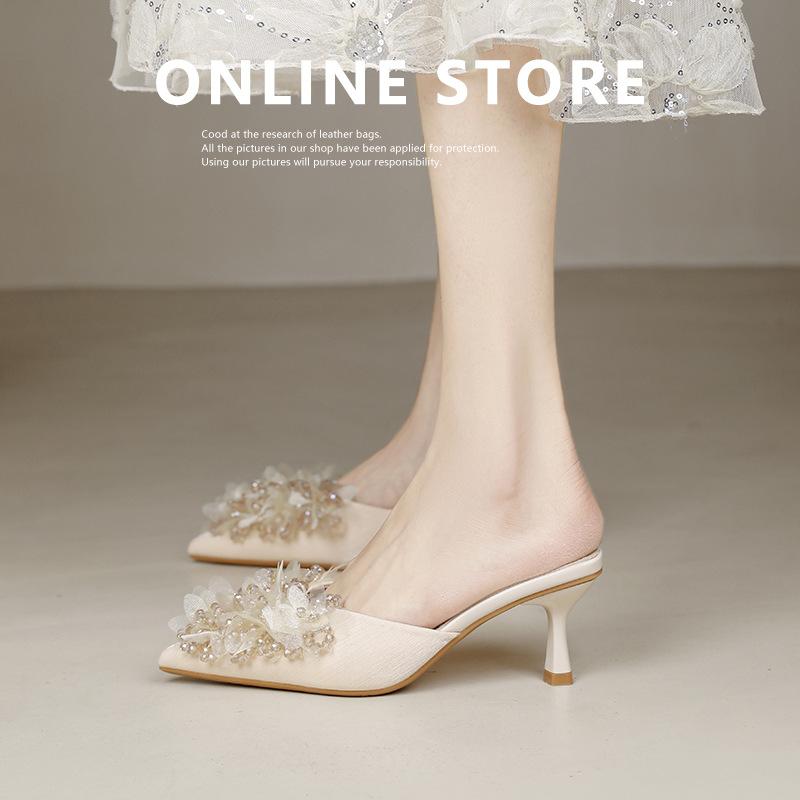 Summer new fashion satin rhinestones are not tired, empty sandals after feet, pointed stiletto high heels