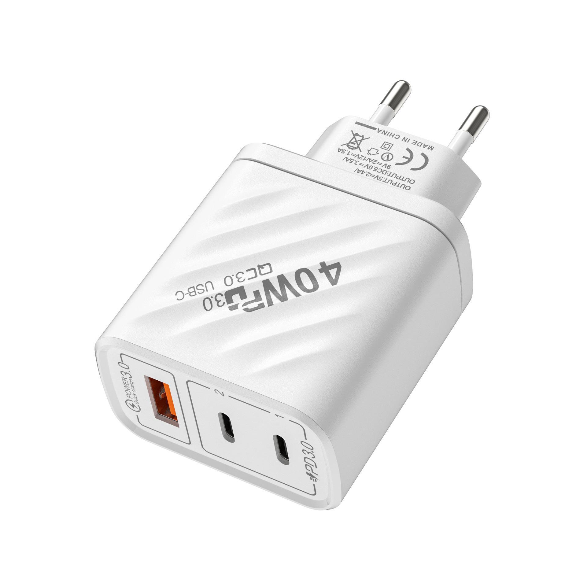 

Быстрое зарядное устройство Dual PD мощностью 40 Вт для Apple, Xiaomi, Huawei с портами Type-C и USB 2.4A 2.4A [Dual PD + Single U] European Standard белый