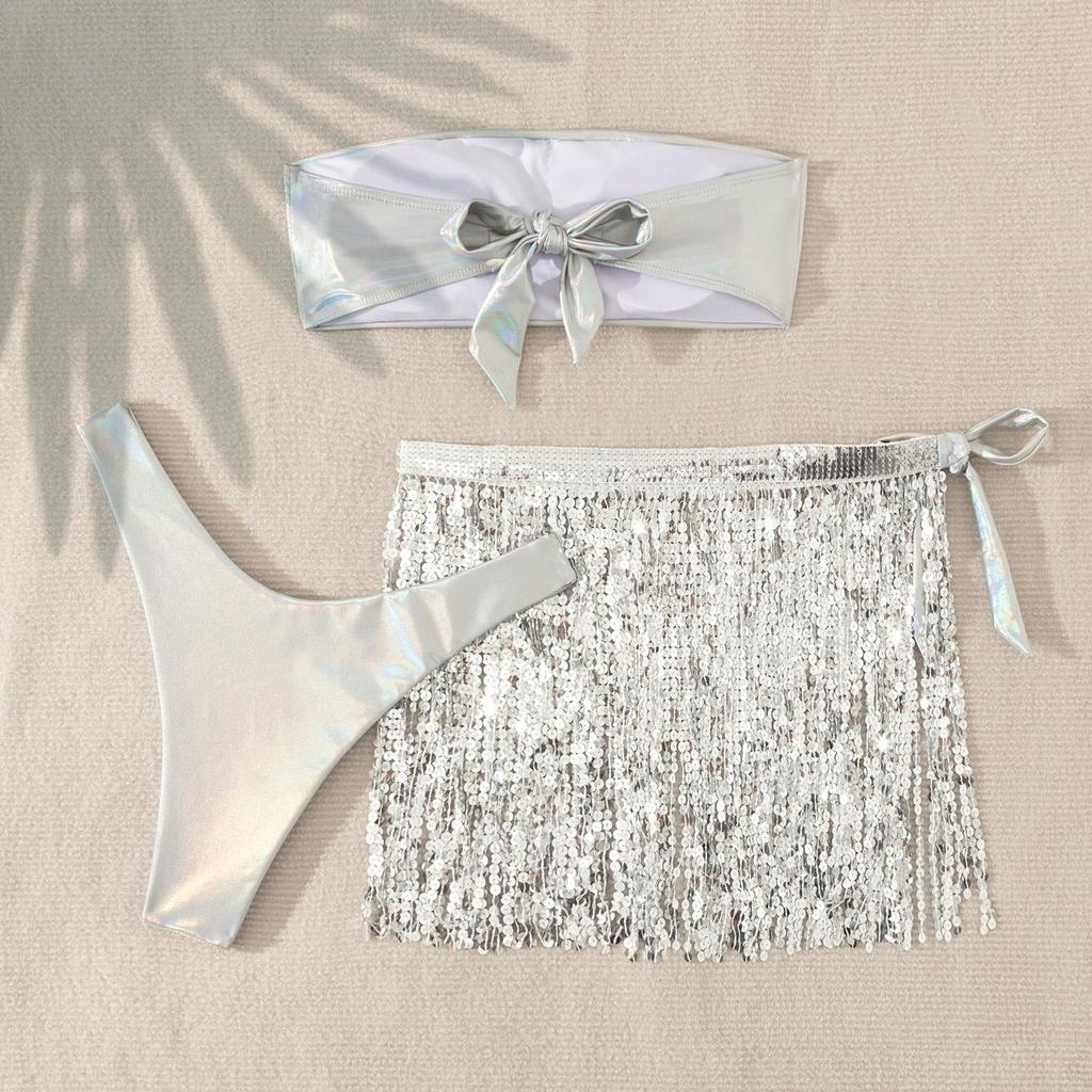 Women Sexy Glossy Triangle Split Bikini Suit Set Summer Tie Side G-String Thong Swimsuit Halter Lace Up Elastic Bikini