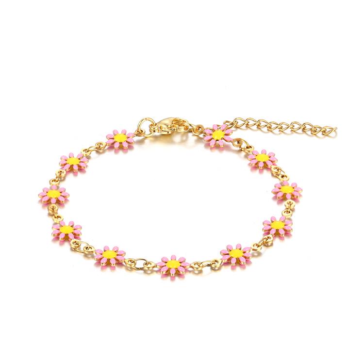 2024 Titanium Steel 18K Gold Daisy Necklace & Bracelet Set - White/Colorful Chain