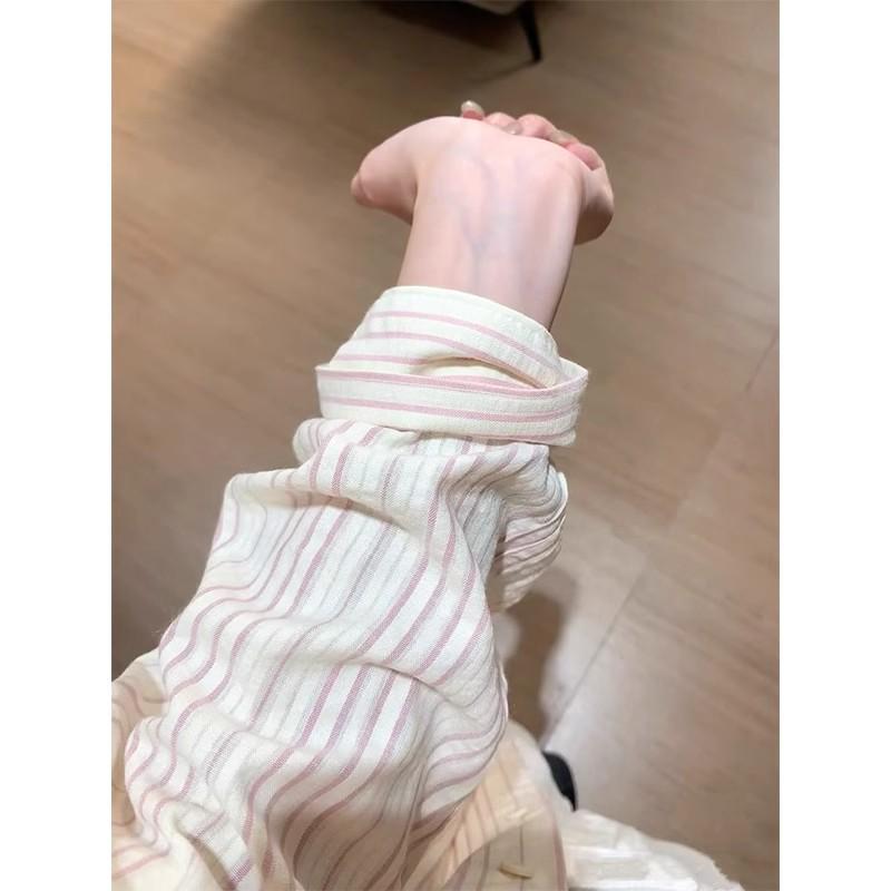 

Women s Pink Striped Pleated Patchwork Shirt - Concave-Convex Design, Spring/Summer 2025, New College Style L [up to 115 lbs]