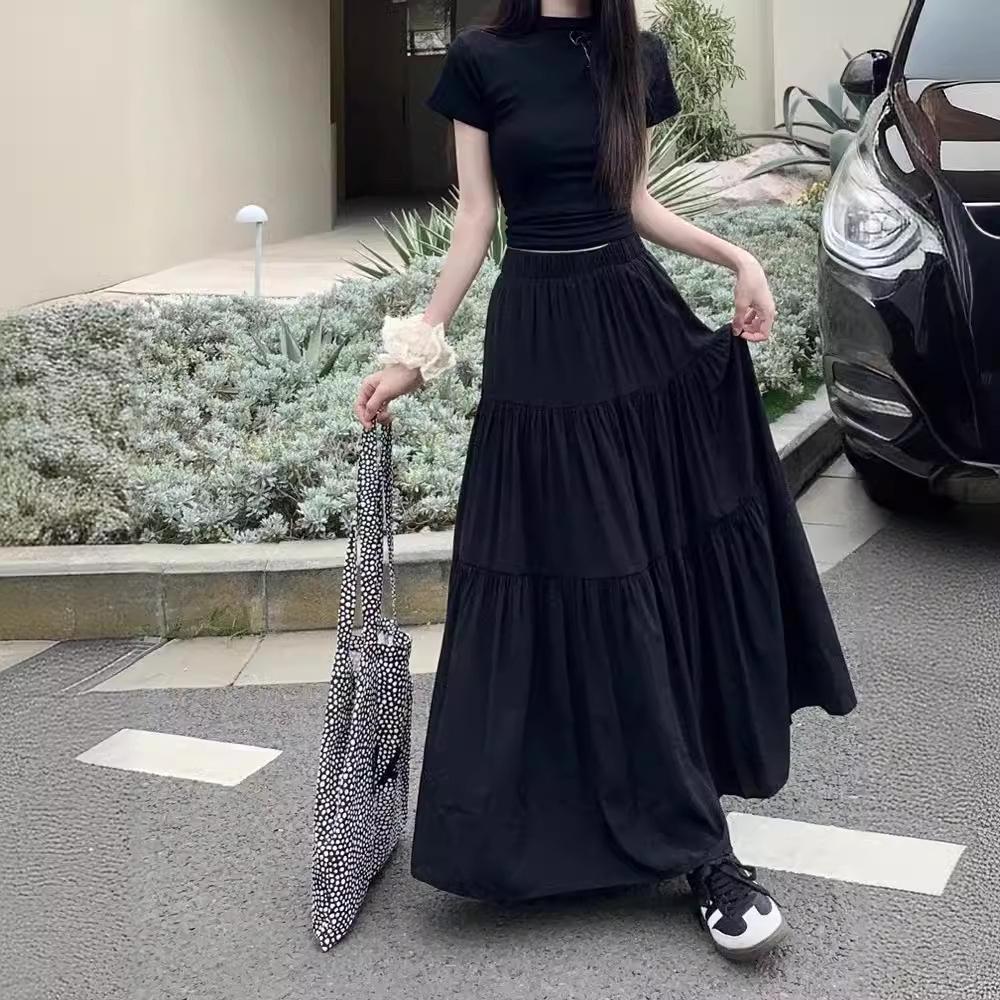 Plus Size Autumn White Pleated Midi Skirt for Women