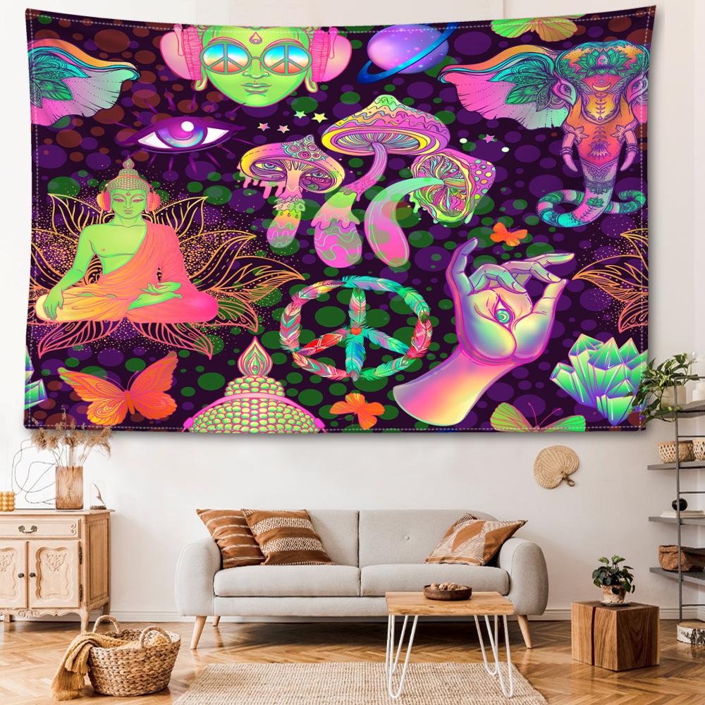 Abstrakte Pilze und Buddha-Statuen Wandteppich Hängen Kunst Hexerei Mysterious Hippie Tapiz Schlafzimmer Wohnkultur