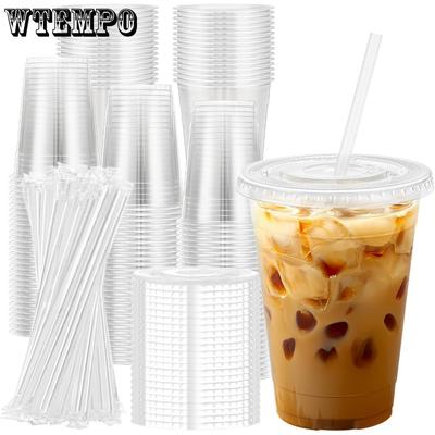 10 Stück 16oz durchsichtige Plastikbecher mit Deckeln und Strohhalmen Plastik-Kaffeebecher mit Deckeln Milchshakes durchsichtige Party-Kaffeebecher Kaffeebar-Zubehör