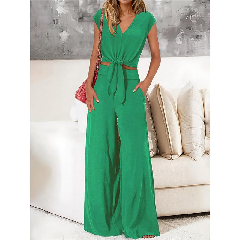 Spot 1116 Summer European and American Women's Clothing V-neck Lace-up Open-button Top High-waisted Wide-leg Pants Two-piece Set
