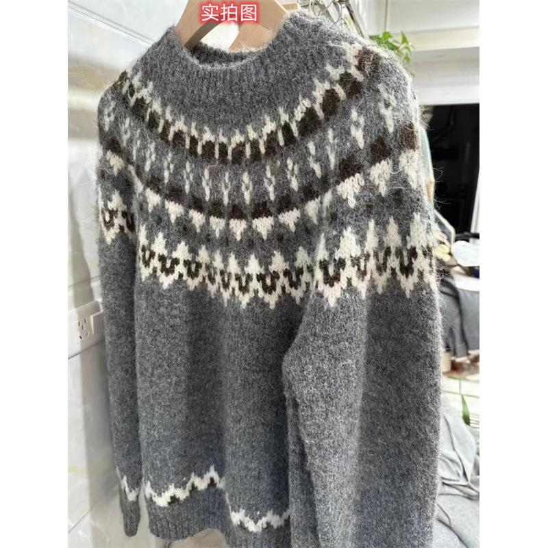 U Fair Island soft waxy loose casual sweater women's autumn and winter lazy wind thickened alpaca hair contrasting color knitted sweater