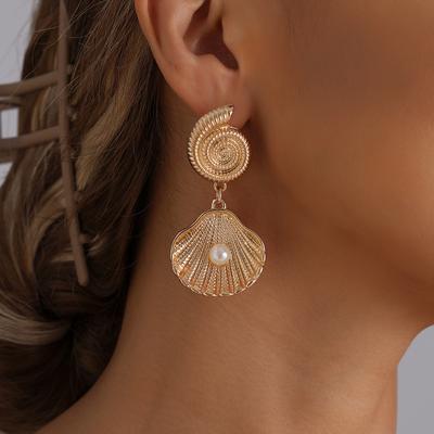 Summer Beach Vacation Ins Wind Seashells Conch Stud Earrings Symmetrical Pearl Embellished Earrings